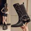 Women's Boots  Leather Boots Riveted Belt Buckle Pointed Party Cosplay Fashion Shoes Size 42 Waterproof Outdoor Boots