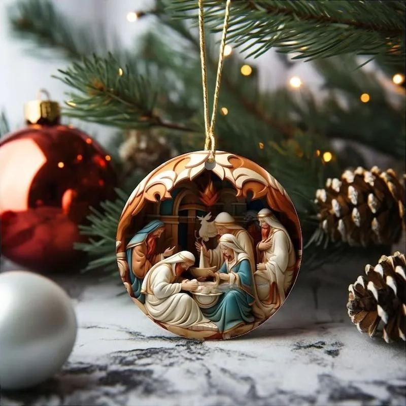 2D Acrylic Jesus Nativity Scene Pendant Christian Tree Ornament The Birth Of Jesus Pendant Navidad Decor New Year Xmas Gift