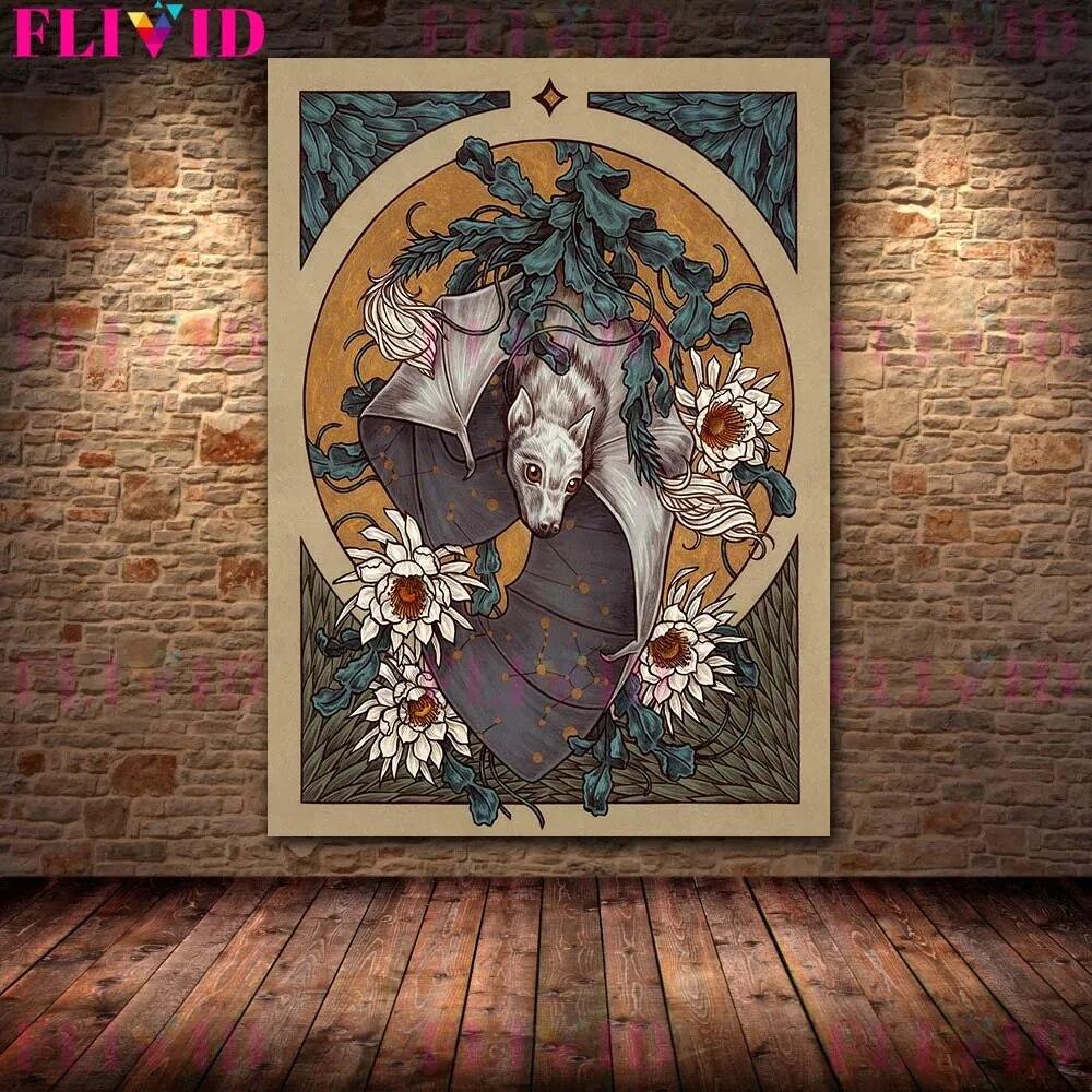 Skeletons,Flowers & Mysterious Animals Vintage Wall Art Canvas Painting Bat Opossum,Astrology Moon Stars Planets Poster Print No Frame