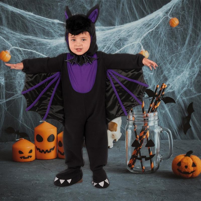 Children Bat Jumpsuit Costume with Hat Halloween Devil Costume Bat Jumpsuit with Wing for Child Boy Girl Cosplay Party