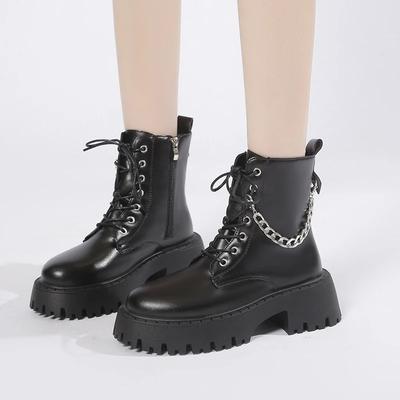 Dameslaarzen Herfst Zwart Ketting Riem Gesp Ronde Neus Korte Laarzen Mode Motor Enkellaarsjes Dames Zapatos Mujer
