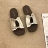 Fashion Vintage Flat Slippers French Women Summer Round Toe Open-toe Metal Buckle Vacation New Soft-soled Seaside Sandals