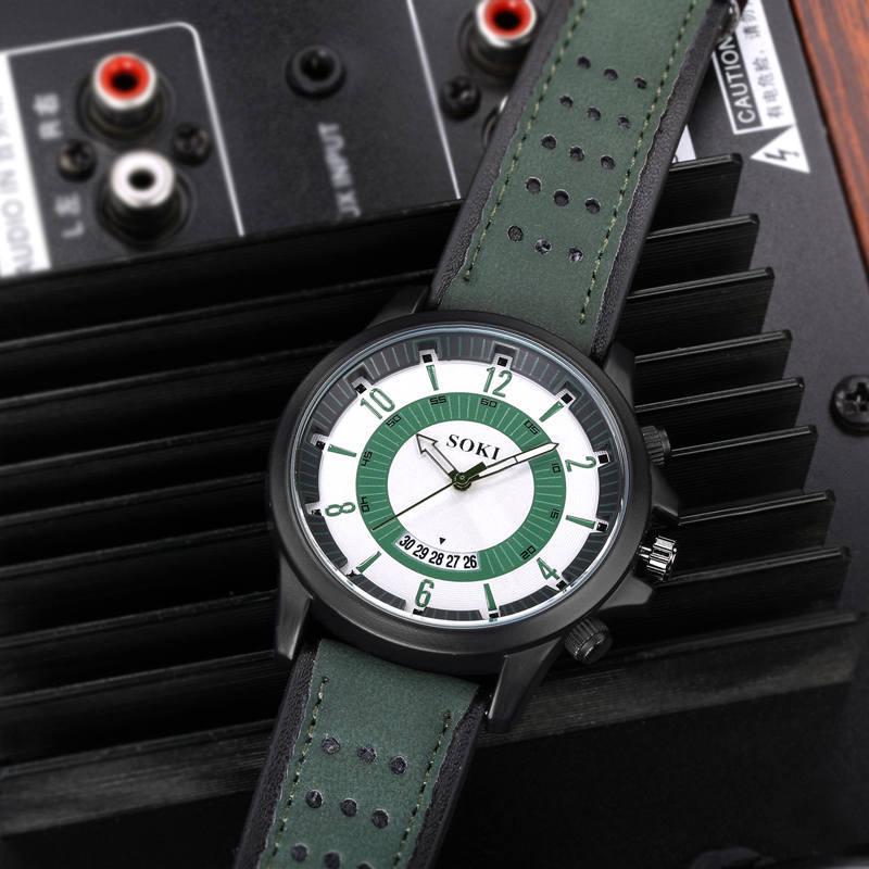 Men Leather Strap Calendar Quartz Watch Sports Wristwatch