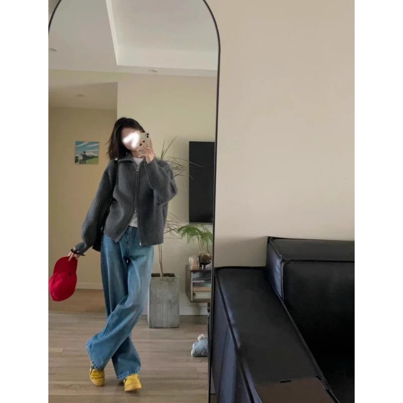 A Double Zipper Knitted Cardigan for Women's Autumn and Winter Soft Waxy Pit Strip Sweater Turtleneck Top Jacket