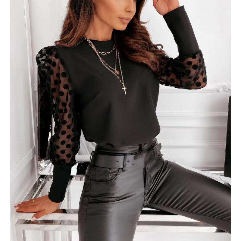 

Spring 2026 Lace Sleeve Semi-High Neck Chiffon Blouse Small