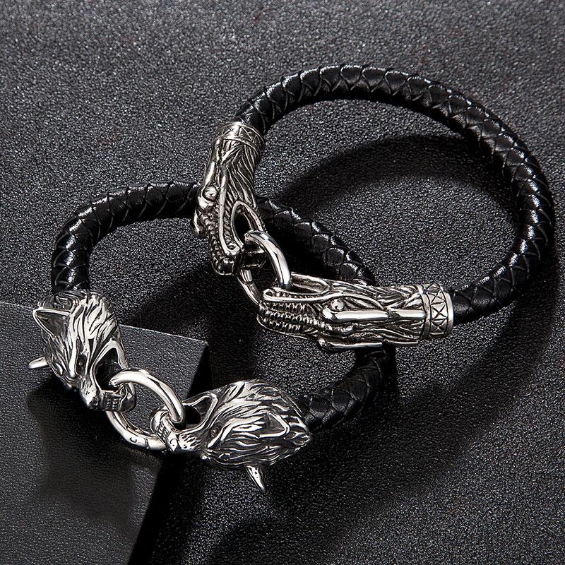 Classic Animal Viking Double Dragon Wolf Head 316L Stainless Steel Men's Leather Bracelet Fashion Punk Jewelry Pulseras