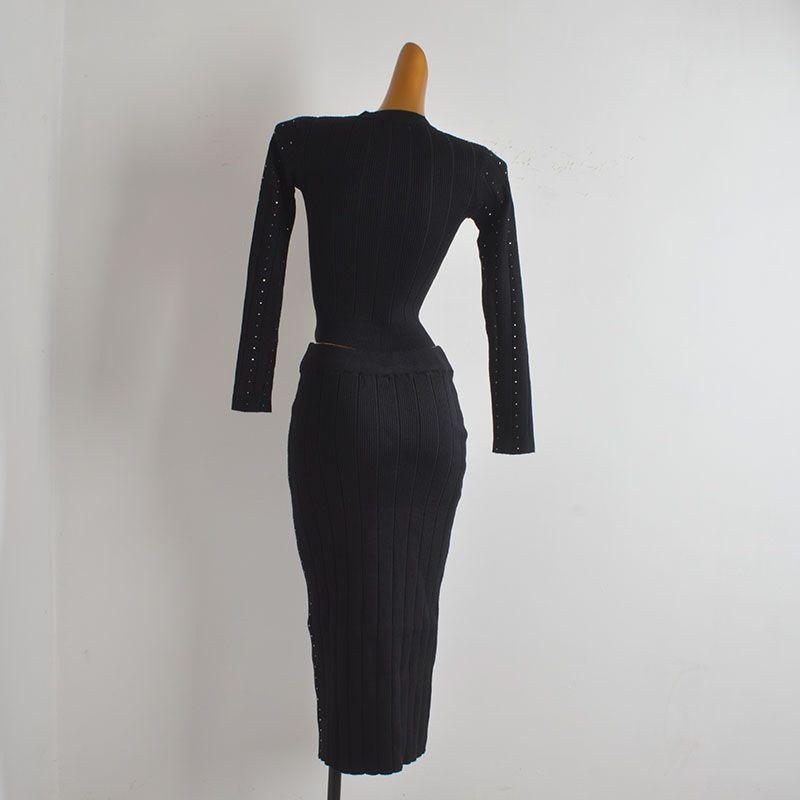 Stylish Heavy Industry Shiny Hot Drilling Knitting Cardigan Women's Clothes Fall/Winter Slim Slimming Skirt Fashion Two-Piece Suit