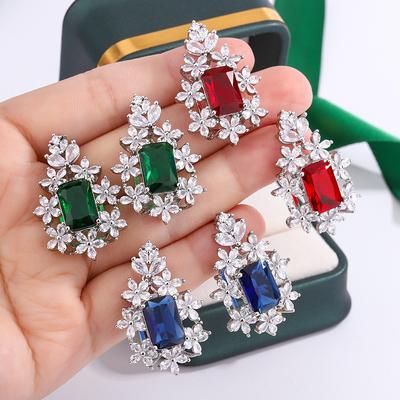 Luxury Earrings for Women Exaggerated Square Blue/red/green AAAA Zircon Jewelry Luxury Flower Party Earrings Jewelry