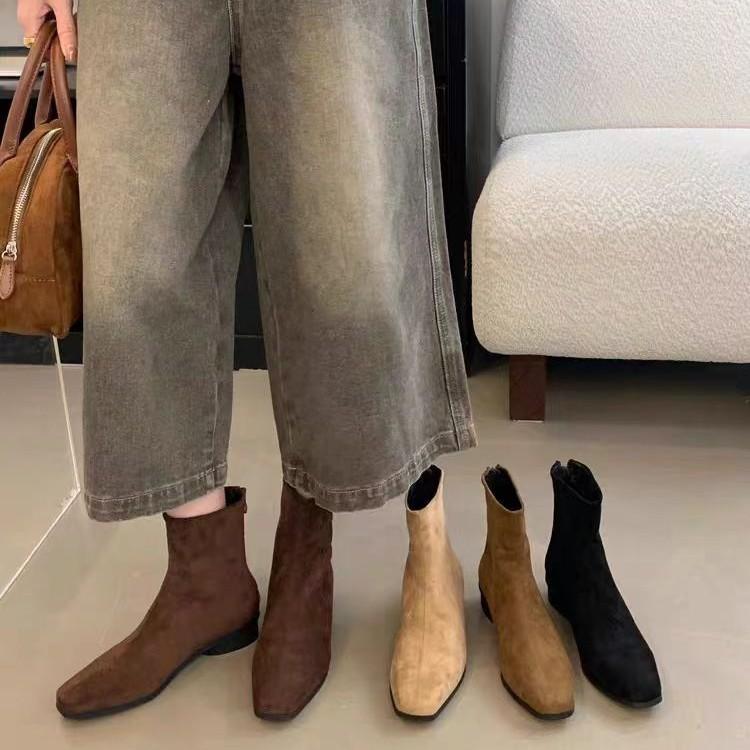 Niche design small short boots 0000 autumn and winter new daily versatile thick heel thin boots French suede small ankle boots