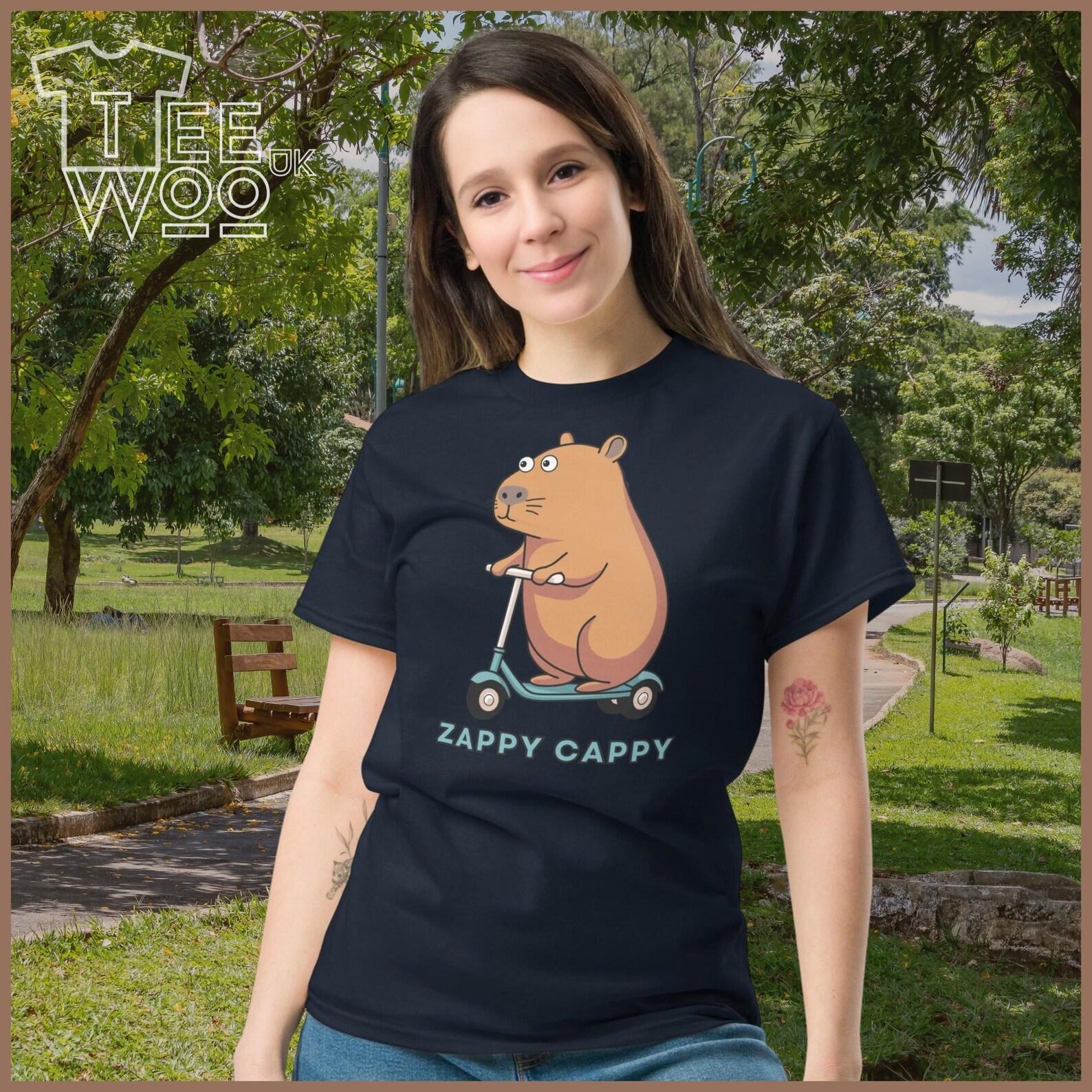 Capybara Zappy Cappy on a Scooter Cute Rodent Design Unisex Printed T Shirt Animal Riding Free Legs on Wheels Funny Playful Gift for Him/Her S