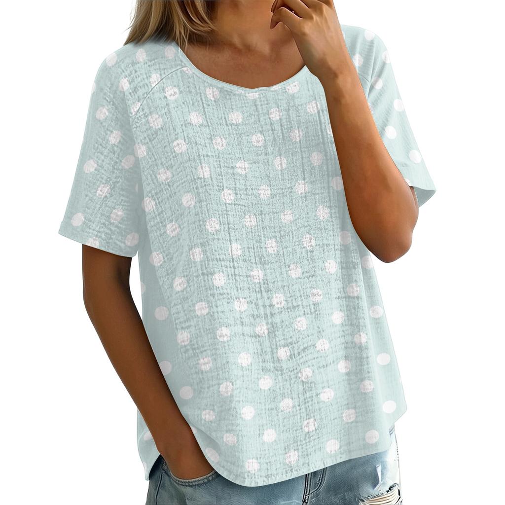Women's Vintage Print Short Sleeve Top - Round Neck, Cotton Linen Fabric