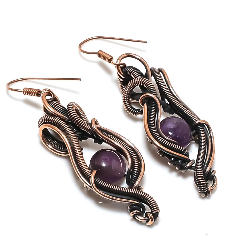 Amethyst Earrings Gemstone Jewelry, 999 Copper Wire Wrapped Earrings, Gift For Women Handmade Earrings