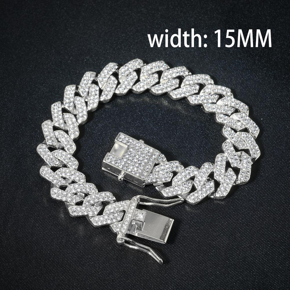 HipHop Men Women 13MM Prong Cuban Link Chain Bracelet Bling Iced Out 2 Row Rhinestone Paved Miami Rhombus Cuban Chain Jewelry