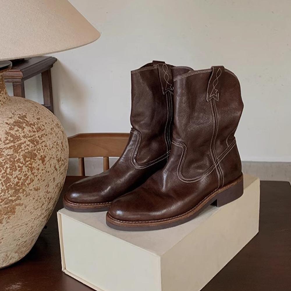 Women's Cowboy Boots Mid Calf Boots Western Short Embroidered Round Toe Low Heel Slip on Comfort Dress Slouchy Booties