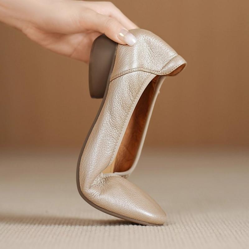 Herbst Frühling Damen Weiche Leder Ballerinas Runde Spitze Zum Hineinschlüpfen Komfortschuhe für Mütter Rutschfeste Sohle Leichte Freizeitschuhe