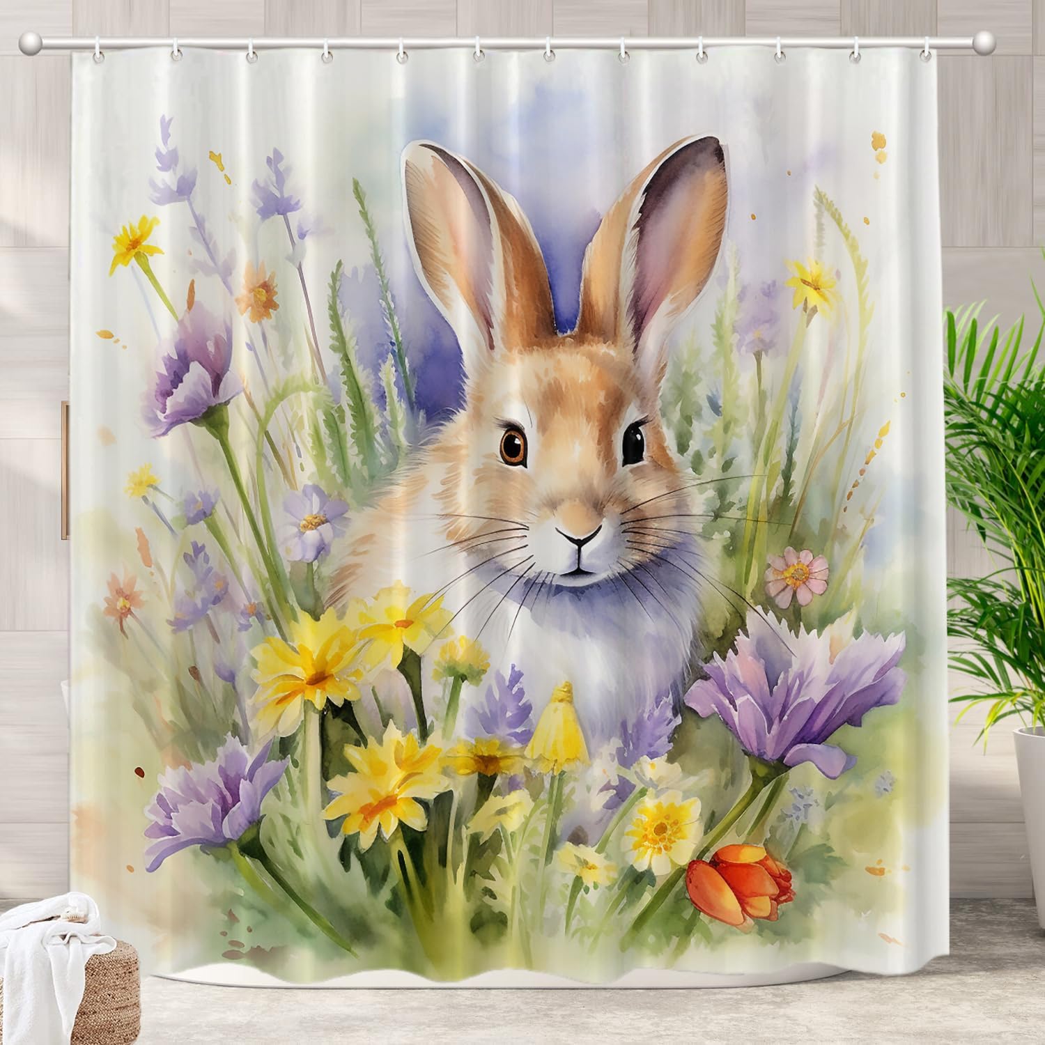 

Watercolor Rabbit And Flowers Pattern Waterproof Shower Curtain 180X200Cm - Spring Floral Print Bath Curtain For Home Decor W60H190(CM)-1 Pcs