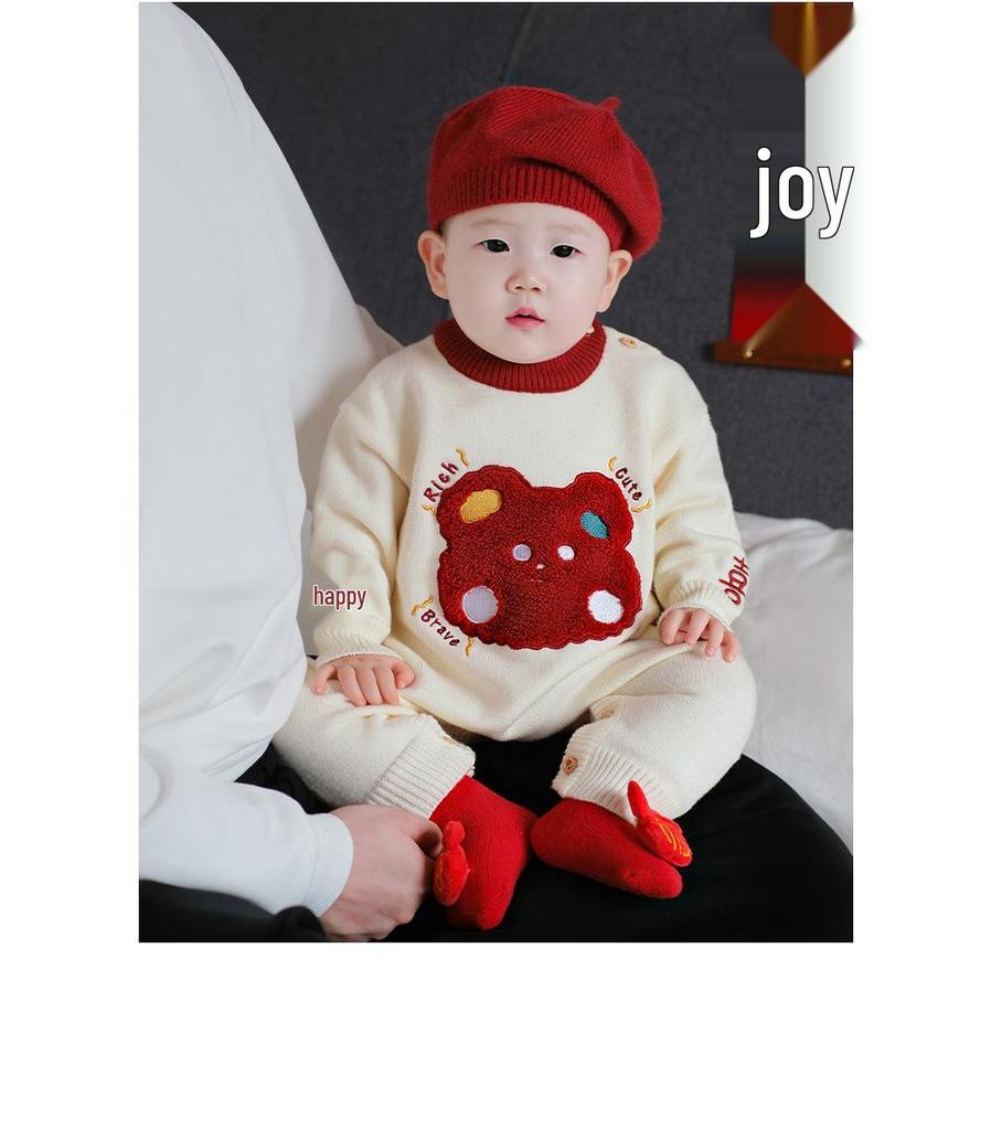 Slavnostní červená novorozenecká kombinéza - Podzimní/zimní svetrový overal