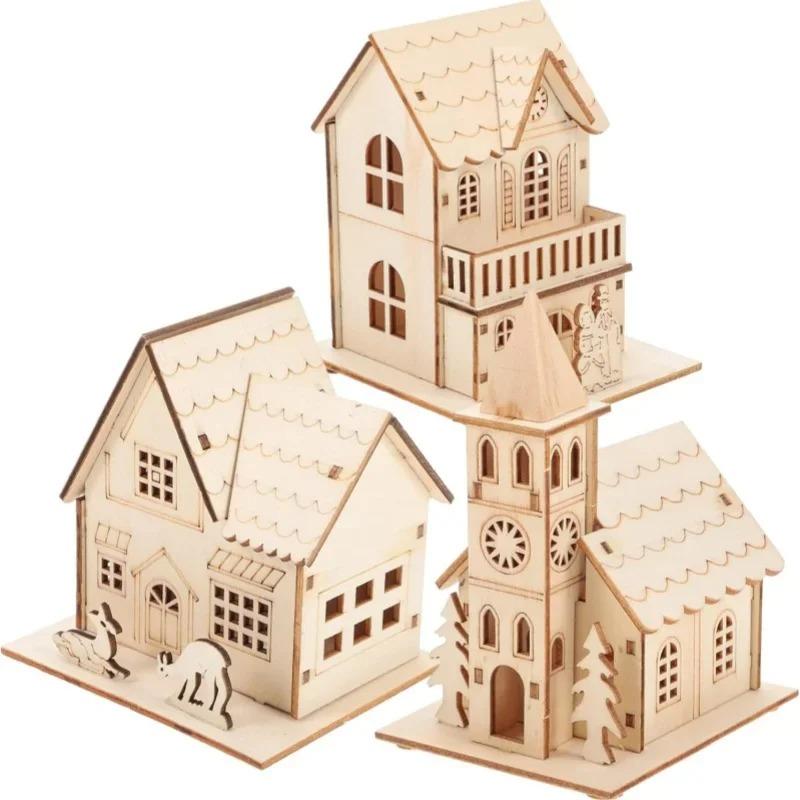LED Wooden Christmas House Village Decorations Unfinished Wood Xmas House DIY Ornaments Christmas Table Centerpieces