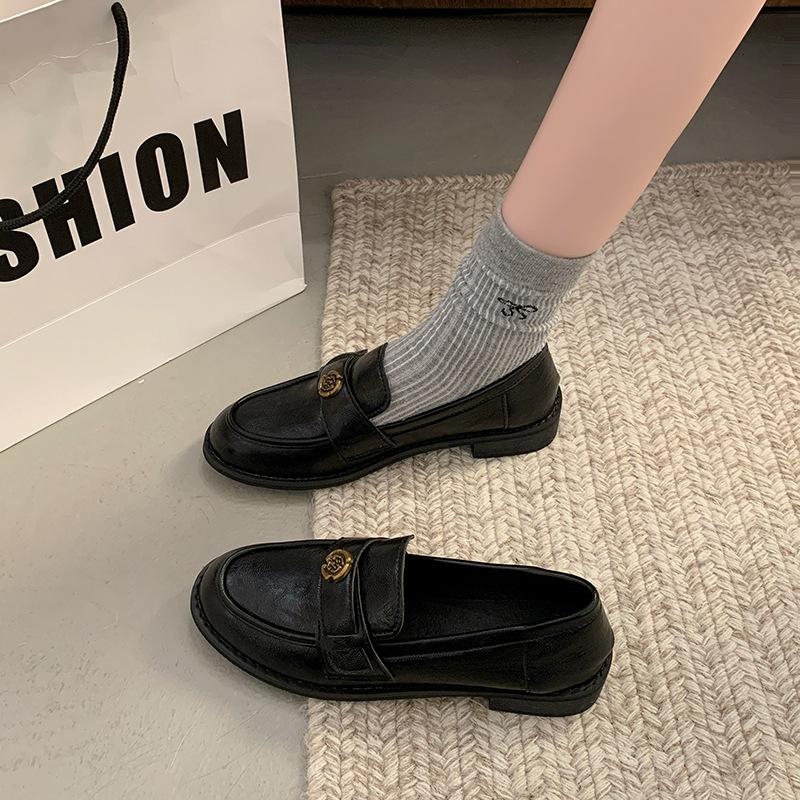 Super soft leather black camellia spring and autumn new one-pedal platform single shoes women