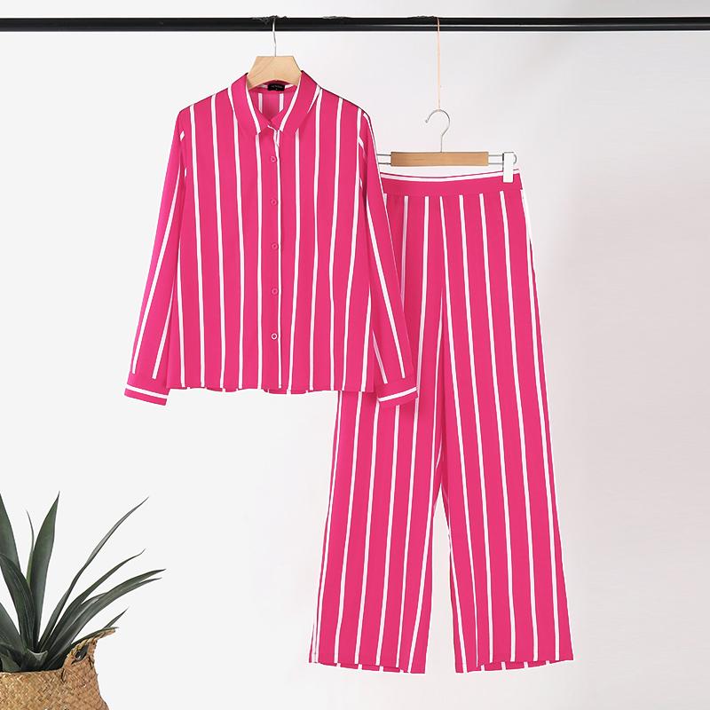 

VONDA Женские осенние комплекты с длинными рукавами и полосатыми рубашками и брюками 4XL темно-розовый