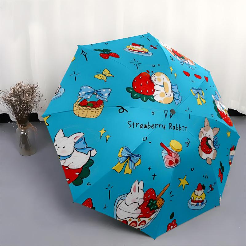 1pc Strawberry Rabbit Auto Open/close Leisure Umbrella, 8-Rib Sturdy Structure, Portable Travel Umbrella, Parties, Everyday Use, Outdoor Acc
