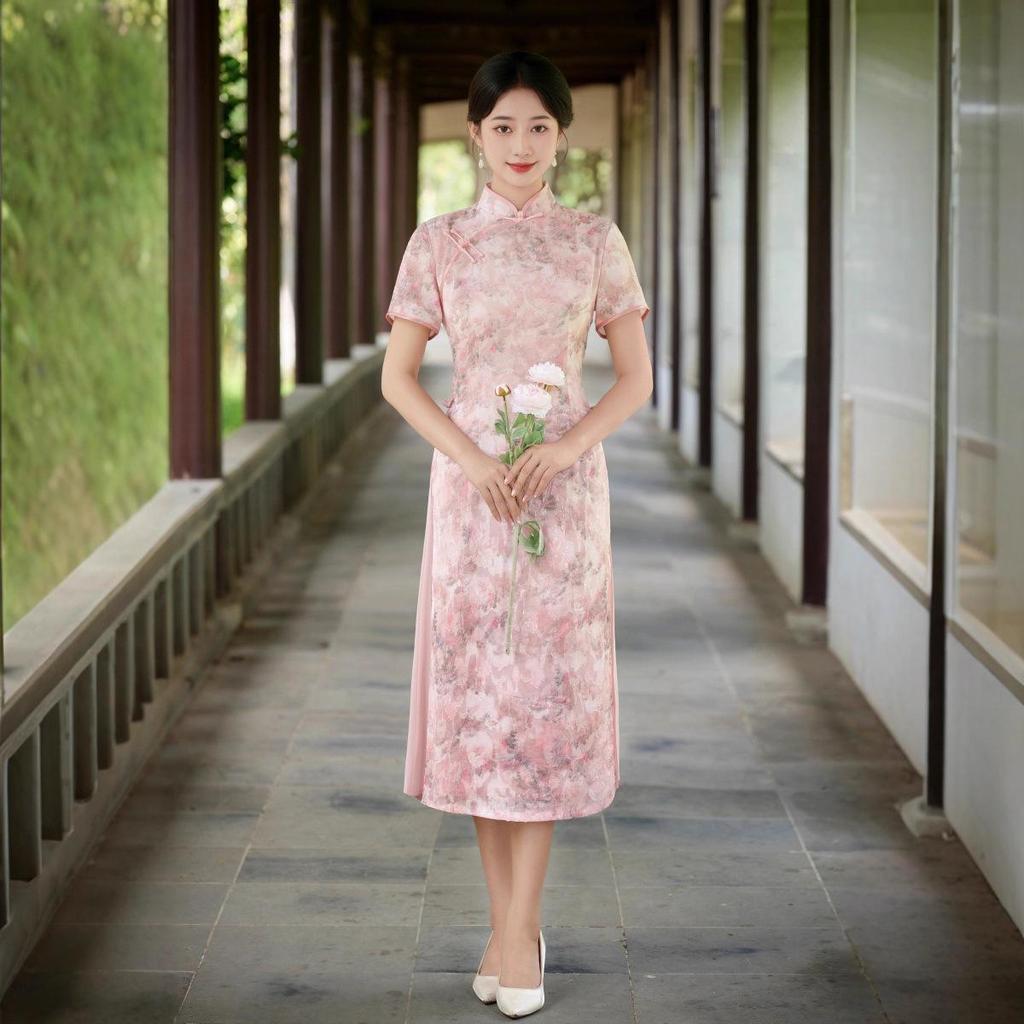 Modern Short Sleeve Long Cheongsam Dress In Literary Chinese Style