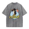 Funny Pingu the Penguin Cartoon Print Washed Beige Streetwear T Shirt