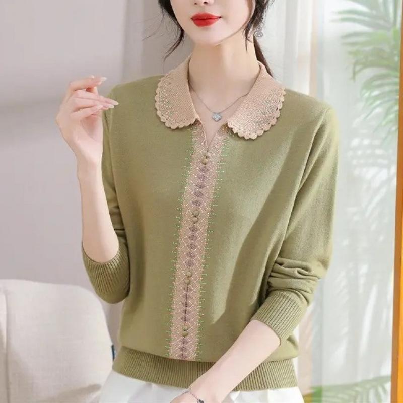 

Mom Wear Spring Autumn Square Neck Color Block Fashion Elderly Women Elegant Blouse M зелёный