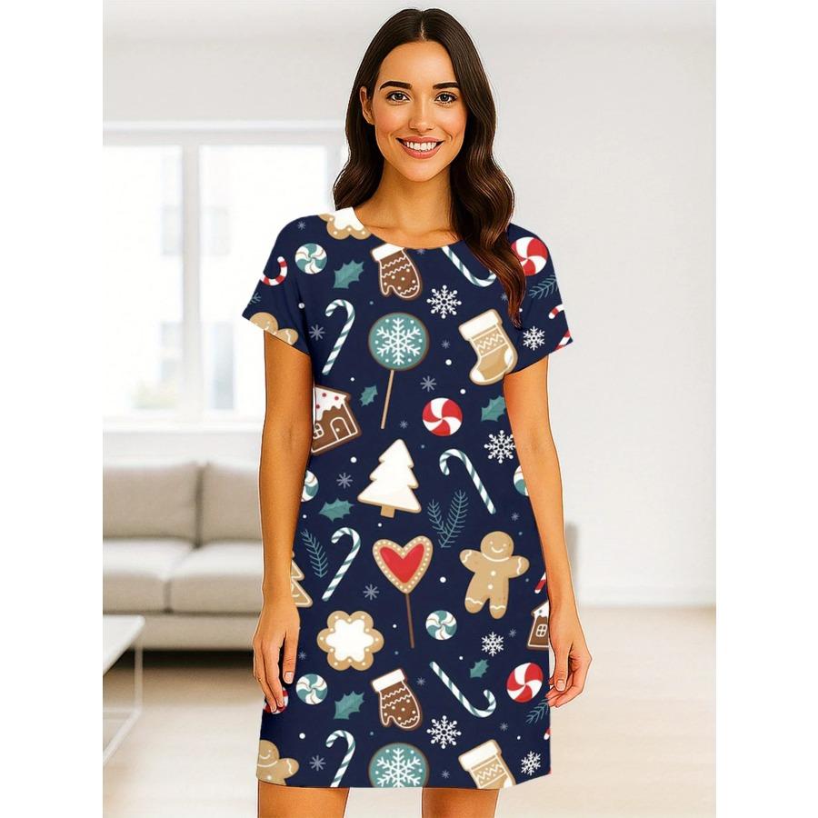 Women's Christmas Pajama Dress Short Sleeve Dress Costume with Reindeer Snowflake Tree Print Y2k Ladies Clothes Female Clothing