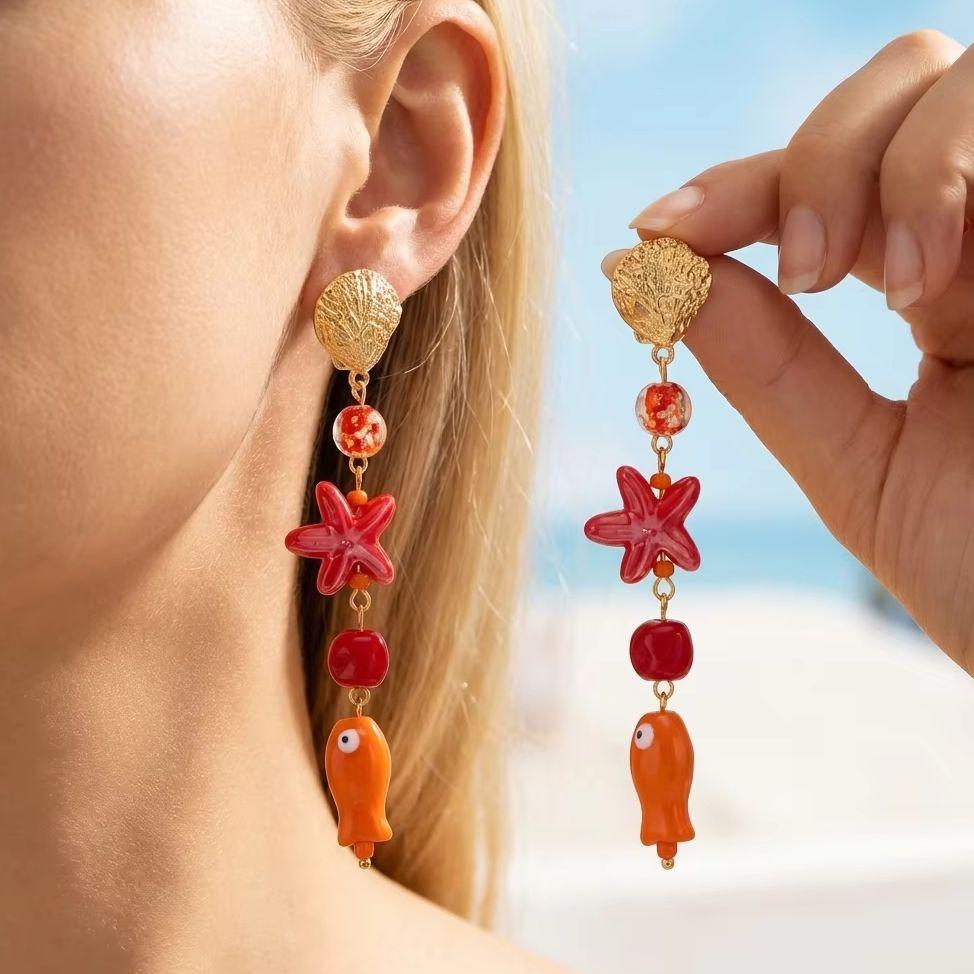 Colorful Dopamine Red Starfish Cartoon Fish Dangle Earrings For Women Beach Metal Scallop Beaded Long Earring Vacation Jewelry
