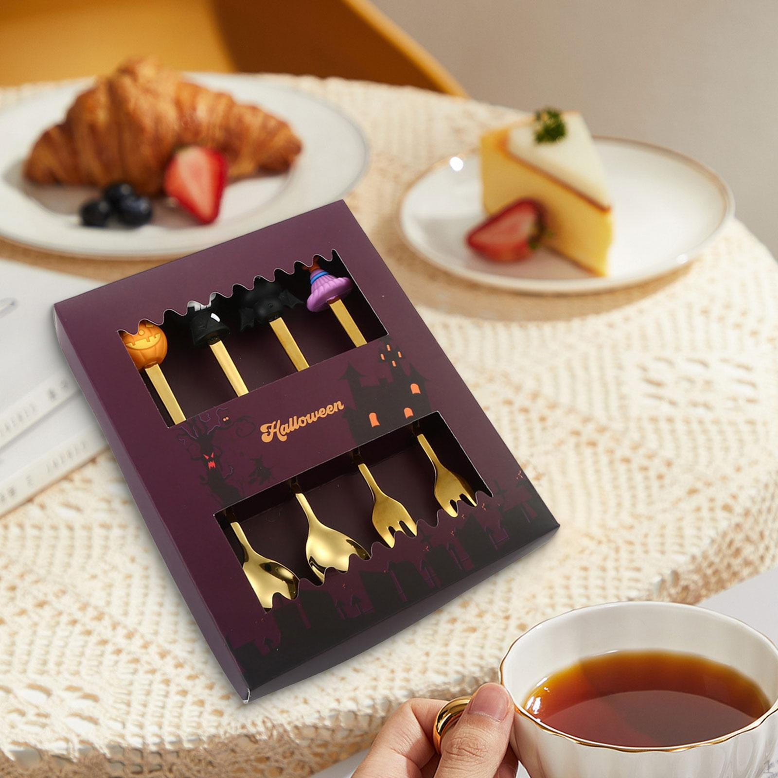 

Gift Box Halloween Spoon and Fork Set Flatware Multifunction Stirring Utensils Tableware for Tea Ice Gold with 4pcs