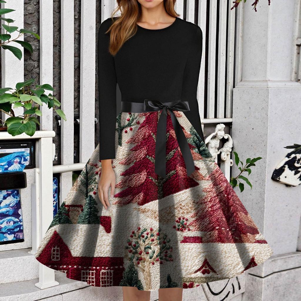 Women's Fashion Round Neck Slim-Fit Christmas Print Long-Sleeved Dress