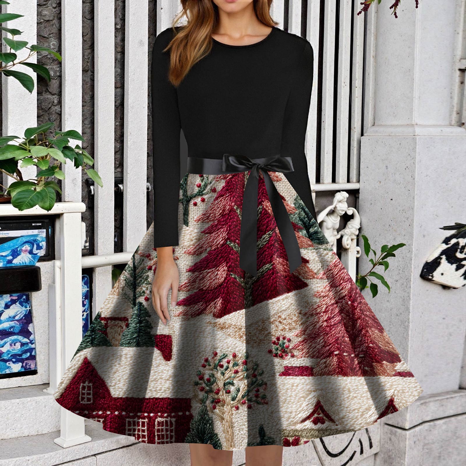 

Женское модное платье с круглым вырезом, облегающего кроя, с рождественским принтом, с длинным рукавом XL винный