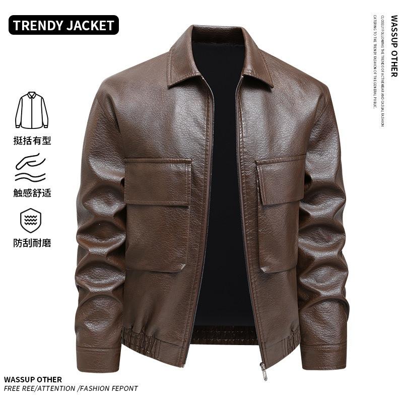 New leather jacket men's spring and autumn men's lapel jacket fashion top windproof casual large size tooling jacket