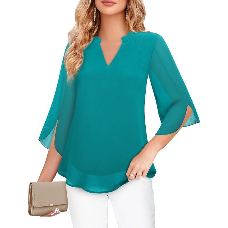 Women V Neck Chiffon Blouse With Split Three Quarter Sleeves Casual Layered Top