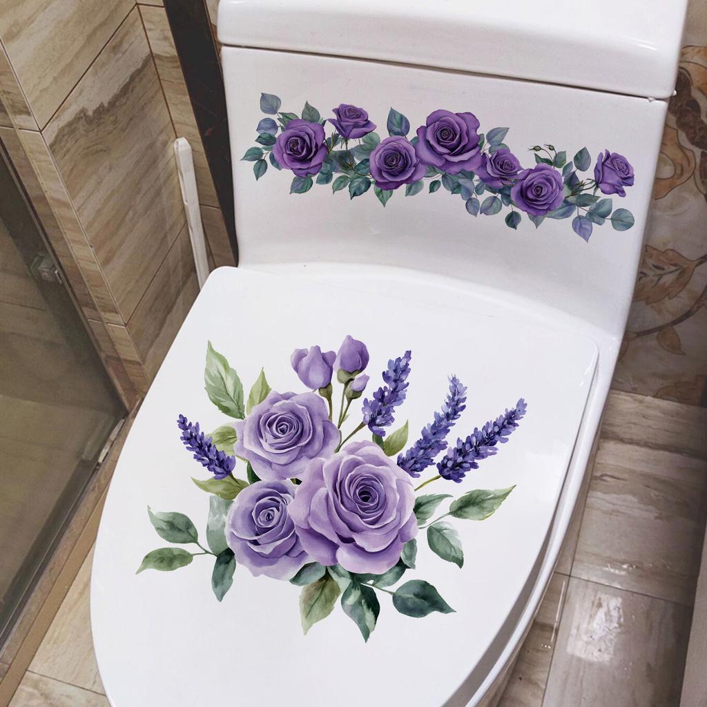 1/2pcs Romantic purple rose lavender toilet sticker PVC self-adhesive waterproof toilet decoration sticker