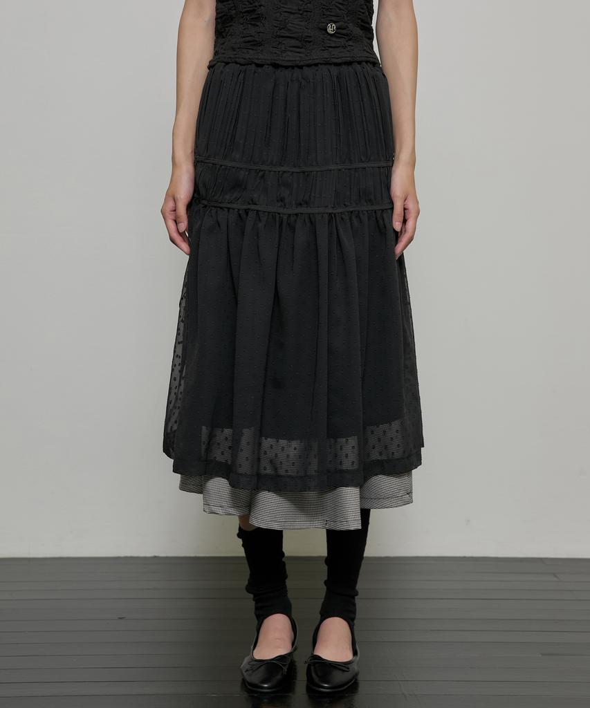 Peulleeoeob Layered Crinkle Check Skirt (Fl-269_Black)