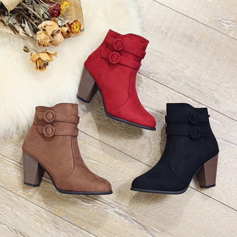 Large Size Cross-border Thick Heel Short Boots Autumn Suede Belt Buckle High Heel Bare Boots Women's Side Zipper Martin Boots