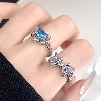 Purple Diamond Bow Love Ring Women'S Personality Light Luxury Temperament Index Finger Ring Niche Design Advanced Sense Fashion Ring