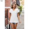 DX~~Summer New Solid Color Double Sleeve V-Neck Loose Short Sleeve T-shirt Top