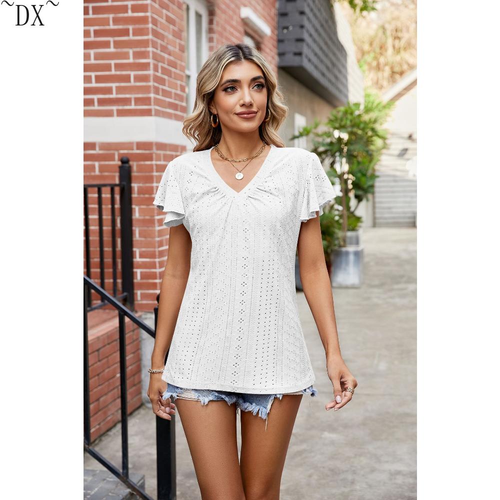 DX~~Summer New Solid Color Double Sleeve V-Neck Loose Short Sleeve T-shirt Top