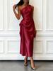European and American Summer High Elastic Satin Sleeveless Slanted Shoulder Waist Medium and Long Dress Elegant Evening Dress