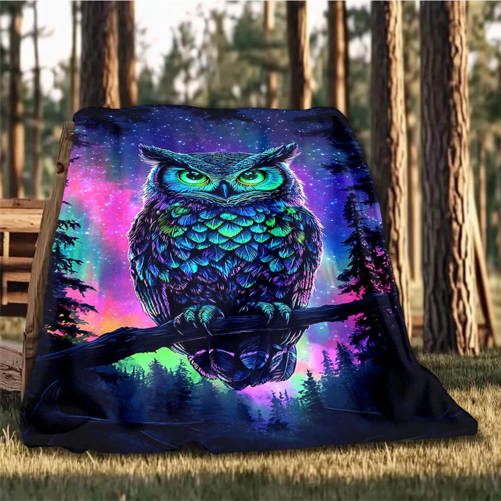 1pc Neon Owl Art Print Outdoor Blanket - Lightweight Flannel Throw For Travel, Camping, Livingroom, Couch, Chair Yy251114206