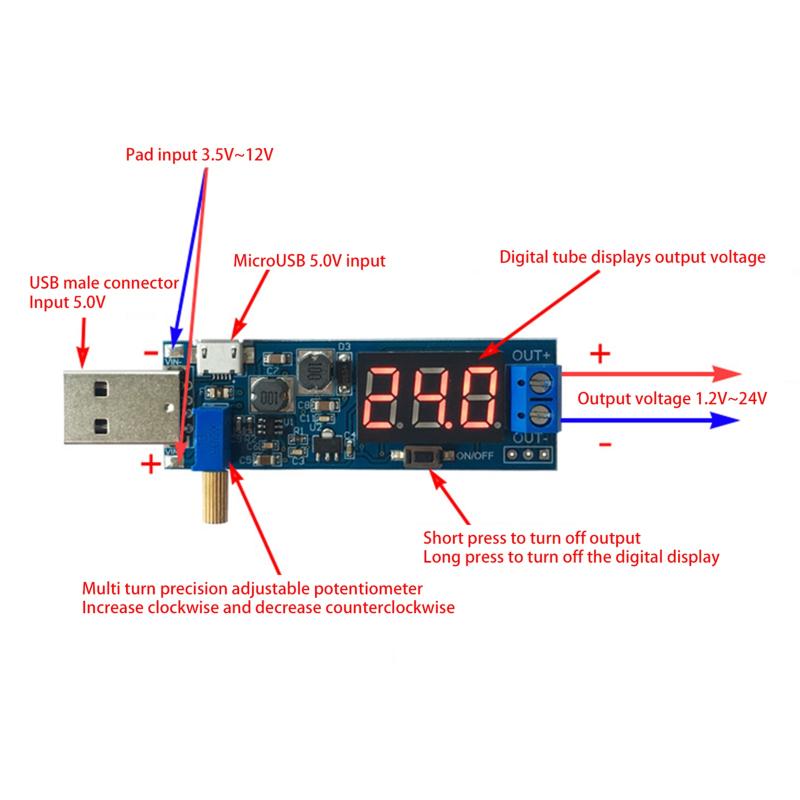 1Pc USB Step UP / Down Power Supply Module Boost Converter DC-DC 5V To DC1.2V-24V Adjustable Output