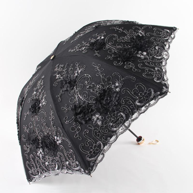 

Ins кружевной цветочный узор зонтик принцессы от дождя женский УФ-зонт для женщин ветрозащитный 3-складной зонт 50CM *8K чёрный