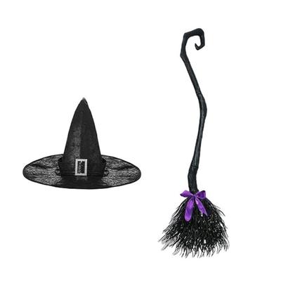 Witch Hat and Broom Set Pointed Witch Hat Witch Broomstick Flying Broomstick Party Supply for Halloween Cosplay