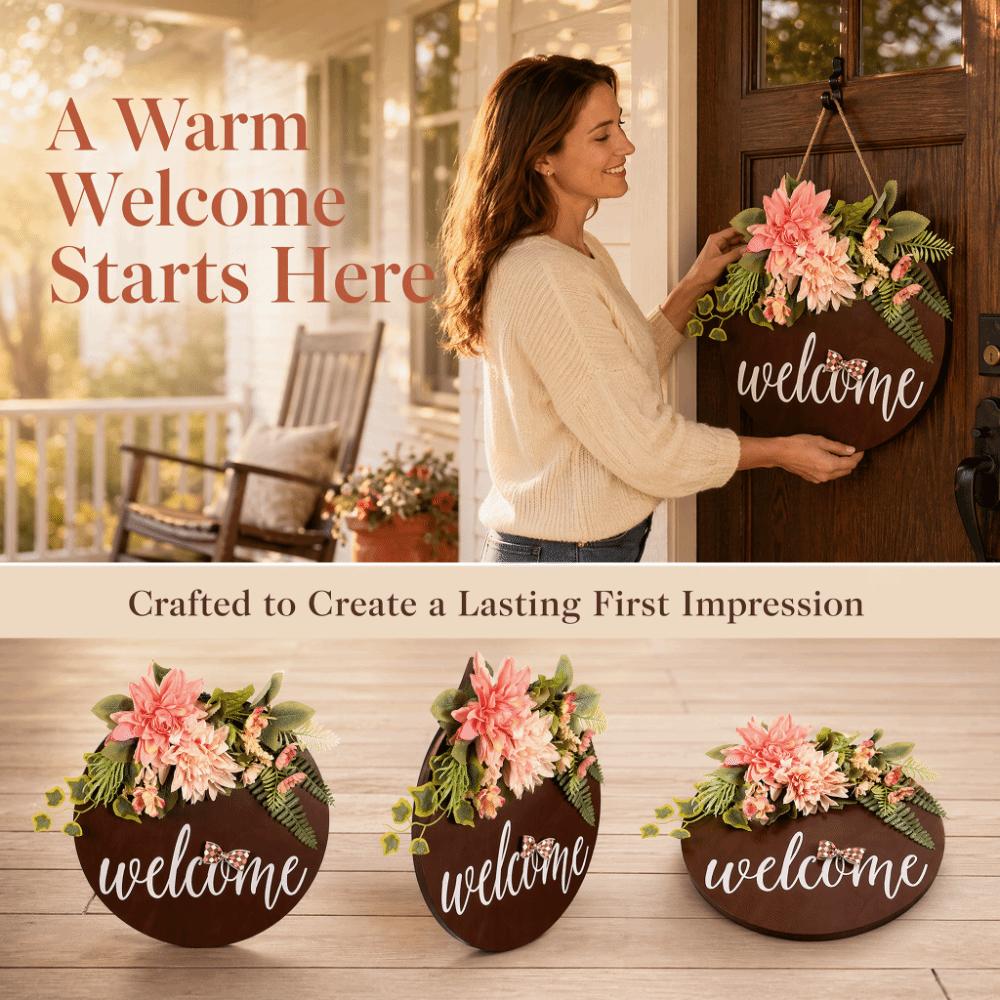Wooden Welcome Sign with Flowers Front Door Welcome Sign Entryway Wall Display