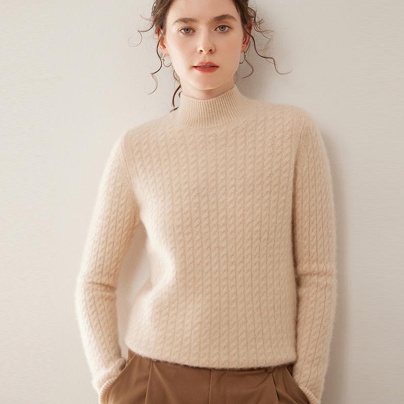 Women's Half-High Collar Cable Knit Cashmere Sweater - Korean Style Thick Pullover for Autumn and Winter