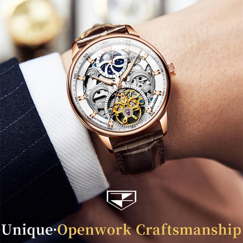 JINSHIDUN Ny forretnings- og fritidsklokke for herremote Hollow Moon Phase Vanntett lysende mekanisk klokke High-end herreklokke
