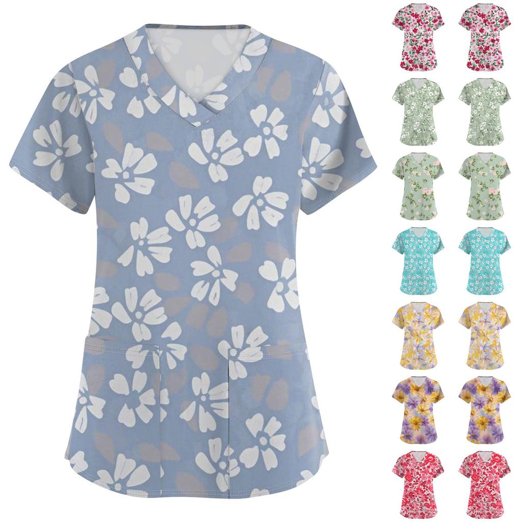 Women's Fashion Printed  Short Sleeve Care Workwear With Double Pockets Top